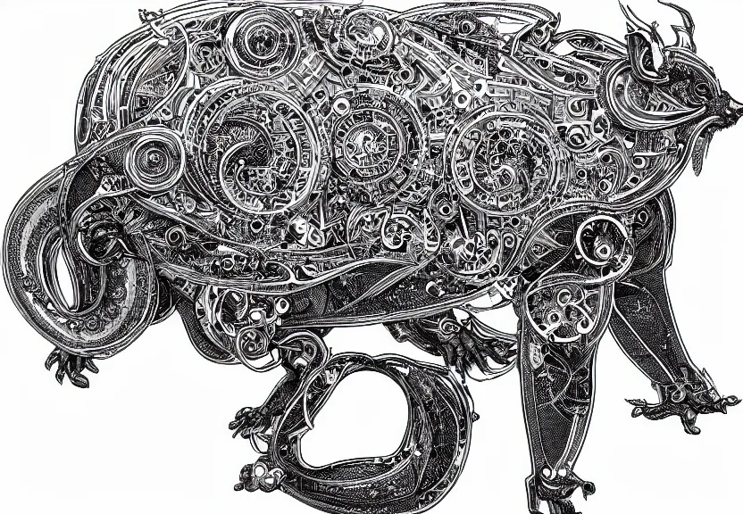 Image similar to spacious schematic blueprint of highly detailed ornate filigreed convoluted ornamented elaborate cybernetic rat standing in a white void, full body, character design, inside frame, art by da vinci