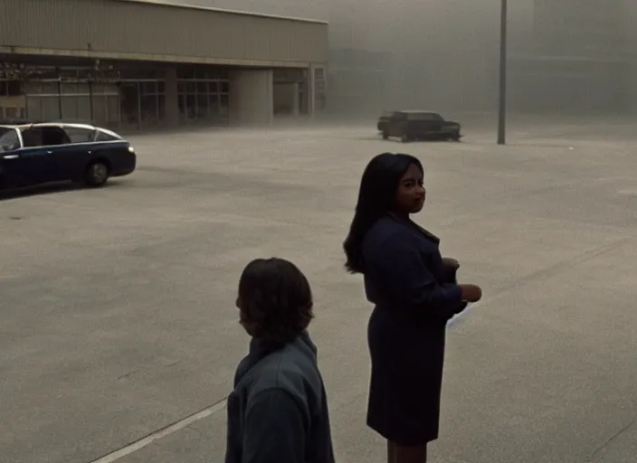 Image similar to cinematic screenshot high angle wide shot of octavia spencer outside a foggy abandoned department store empty parking lot, one car, paranoia everywhere, screenshot from the tense thriller film ( 2 0 0 1 ) directed by spike jonze, volumetric hazy lighting, moody cinematography, 3 5 mm kodak color stock, 2 4 mm lens