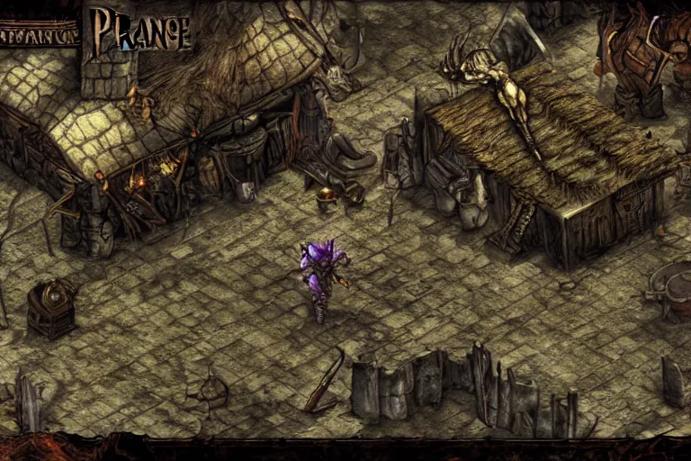 Prompt: Planescape Torment screenshot, the smoldering corpse bar