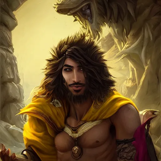 Image similar to portrait of young wild arabian nomad half werewolf, with yellow cloths, league of legends splash art, castlevania, hearthstone splash art, full body shot, rule of thirds, ultrafine hyperrealistic detailed face, artgerm, greg rutkowski, trending on artstation, 8 k, intricately detailed, highly detailed