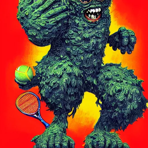 Image similar to a tennis ball monster, tennis ball, dark, chalky, gargoyle, digital art, fantasy, magic, trending on artstation, ultra detailed, professional illustration by Basil Gogos