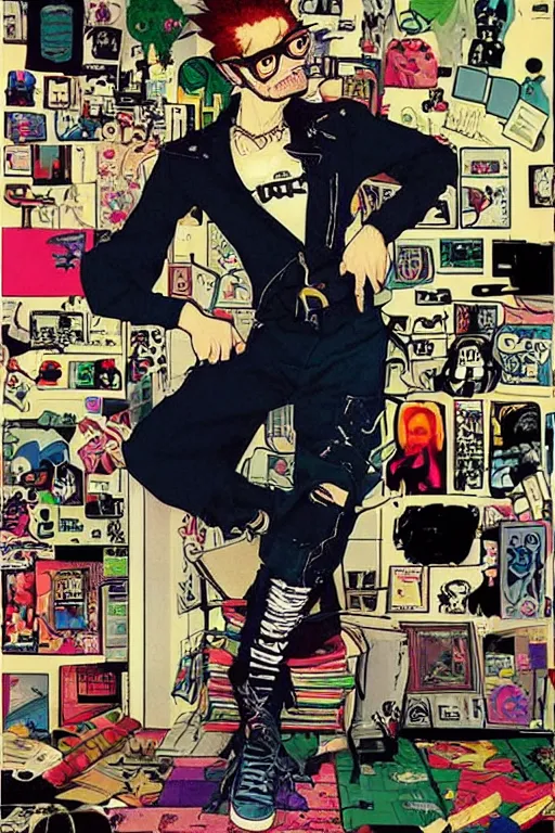 Image similar to nerdy goth guy, cluttered messy 9 0 s bedroom, by jamie hewlett, jamie hewlett art, vaporwave, 9 0 s aesthetic, 9 0 s vibe, concept art, full body character concept art, perfect face, detailed face,