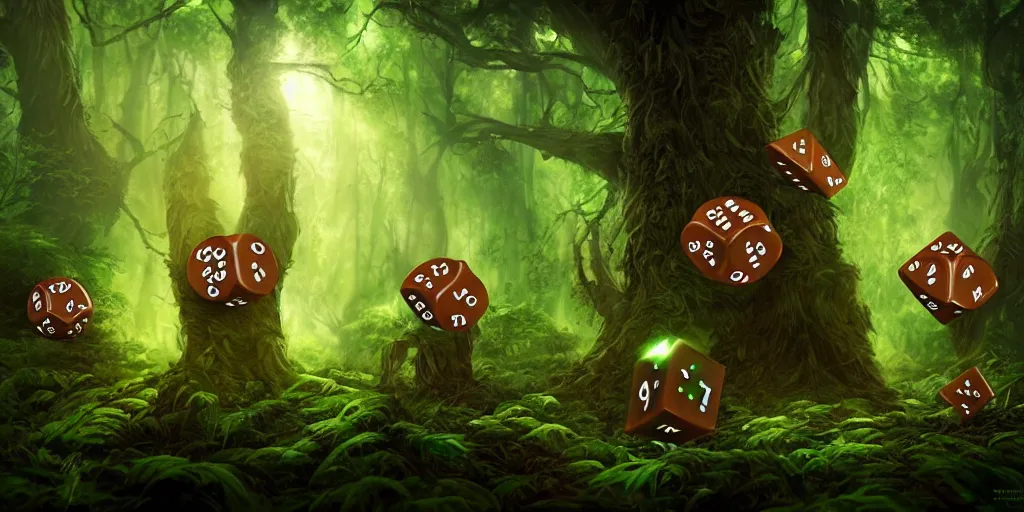 Image similar to anthropomorphic tree spirits rolling cube dice in the forest, glowing energy, fantasy magic, by willian murai and jason chan and marco bucci, hyper detailed and realistic, illustration, sharp focus, cinematic, rule of thirds, forestpunk