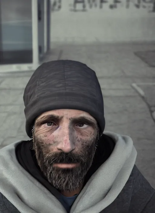 Prompt: portrait of homeless person ; tired and sad ; unreal engine ; wide angle ; photorealistic ; highly detailed