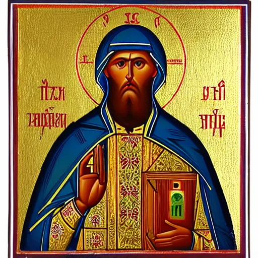 Prompt: russian orthodox icon showing saint with a mobile phone