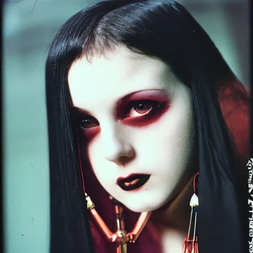 Prompt: close-up, color slide, Kodak Ektachrome E100, studio photographic portrait of a young pale, Goth, Attractive girl, wears ankh pendant and earrings, Comic book character, member of the Endless, Nikon camera, 75mm lens, f/2.8 aperture, HD, casual, realistic, punk, Bokeh, saturated color, masterpiece image, shutterstock, Curated Collections, Sony World Photography Awards, Pinterest, by Annie Leibovitz
