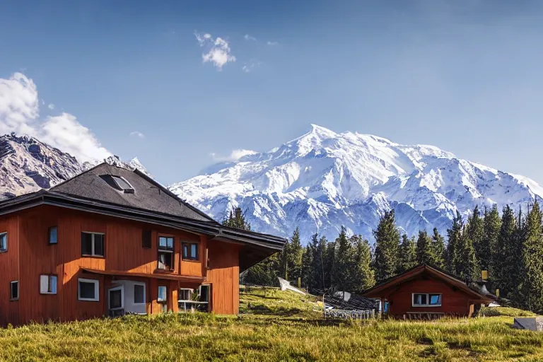 Prompt: architecture photo modern fachwerk house cottage settlement with Elbrus mountain on the background, architecture, photorealism 8k , high details