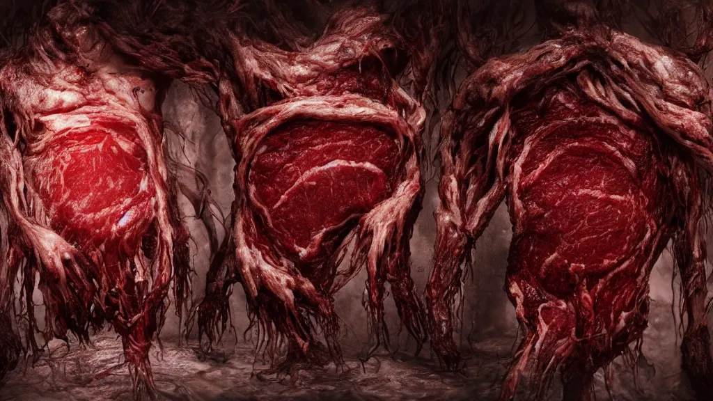 Image similar to monster made of guts, meat and veins. Eldritch, horror, 8K, concept art, filmic, HDR, hyperrealism, volumetric lighting, Dark art