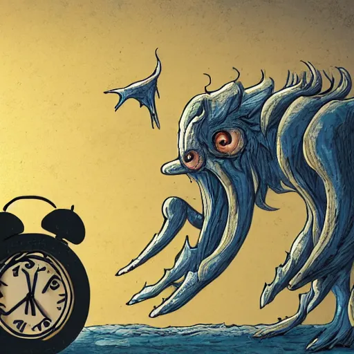 Prompt: a detailed illustration of a monster shaped like an alarm clock snarling while a man cowers at its feet. concept art painting. trending. award-winning illustrator