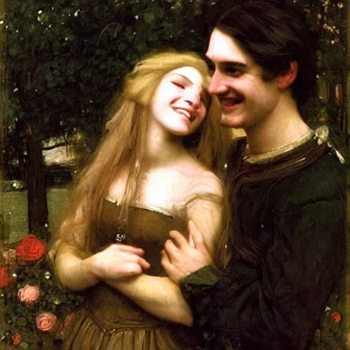 Image similar to black haired woman and man with long blond hair and smiling, john william waterhouse, soft lighting, romantic, love
