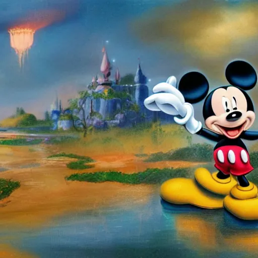 Image similar to Mickey Mouse goes on a rampage at Disney World, surrealist landscape concept art