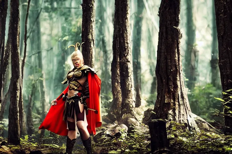 Image similar to vfx movie scene closeup nomad cyborg warrior viking geisha in a smoldering forest. by emmanuel lubezki