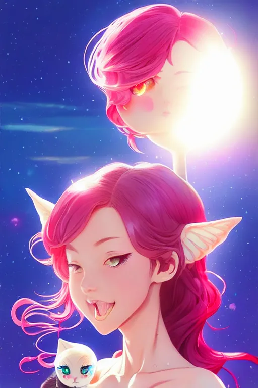 Prompt: bubbly lovely hopefully magical girl flying to the sun set with her kitty, occlusion shadow, specular reflection, rim light, unreal engine, artgerm, artstation, art by hiroaki samura and ilya kuvshinov and ossdraws, high quality, intricate detailed 8 k, fantasy illustration, extremely beautiful and aesthetic shape of face and body, movie poster