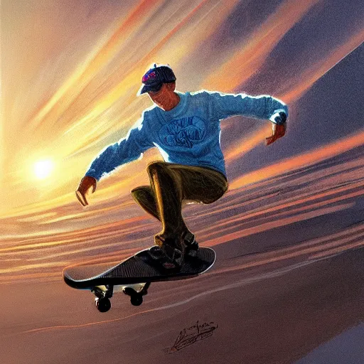 Image similar to clear portrait of tony hawk holding a skateboard, golden hour background, cottagecore!!, hyper detailed, character concept, full body, dynamic pose, intricate, elegant, highly detailed, digital painting, artstation, concept art, smooth, sharp focus, illustration, art by artgerm and greg rutkowski and alphonse mucha