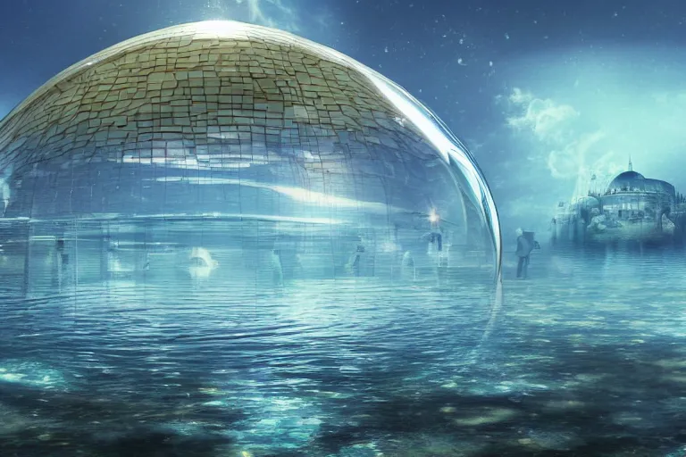 Prompt: dome science fiction underwater advanced orthodox city bubble landscape