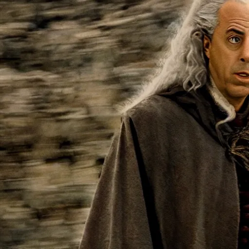 Prompt: jerry seinfeld as gandalf, cinematic, depth of field, helms deep battle