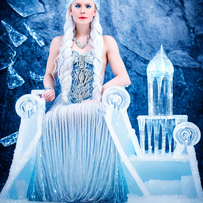 Image similar to photograph of a real-life beautiful ice queen with ornate dress sitting on an icy throne. Extremely detailed. 8k