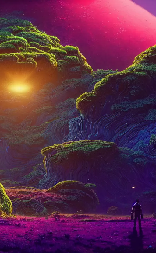 Image similar to An amazing alien landscape with lush vegetation and colourful galaxy foreground, digital art, breathtaking, golden ratio, extremely detailed, hyper-detailed, establishing shot, hyperrealistic, cinematic lighting, particles, unreal engine, simon stålenhag, rendered by Beeple, Makoto Shinkai, syd meade, Kentaro Miura, environment concept, artstation, octane render, 8K UHD image