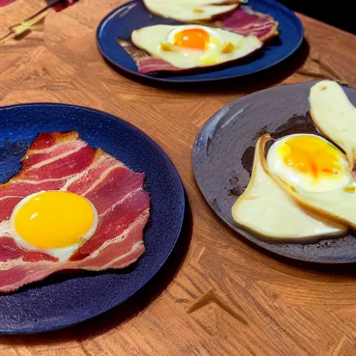 Image similar to cyberpunk bacon and eggs in pan, closeup, close angle, dramatic lighting