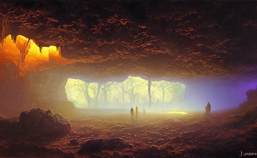 Image similar to view of natural cave, darkness, some bulb lights, dynamic light, mist over ground, illustration painting by james gurney and josan gonzales