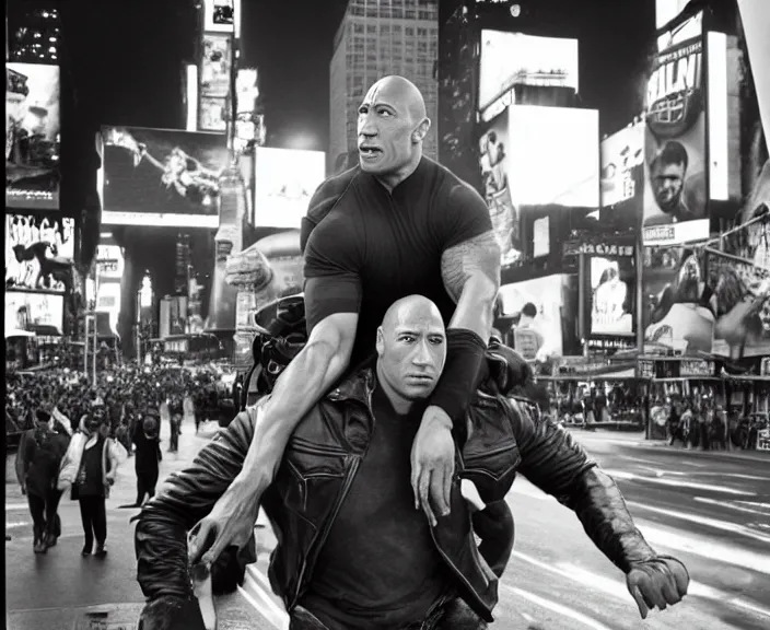 Image similar to Dwayne the Rock Johnson riding on the back of Adam Sandler, doing Methamphetamine at Times Square, photograph by Alfred Eisenstaedt, 4K, dramatic lighting; 4K 8K