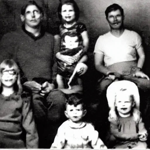 Prompt: an old grainy family photo of various monsters