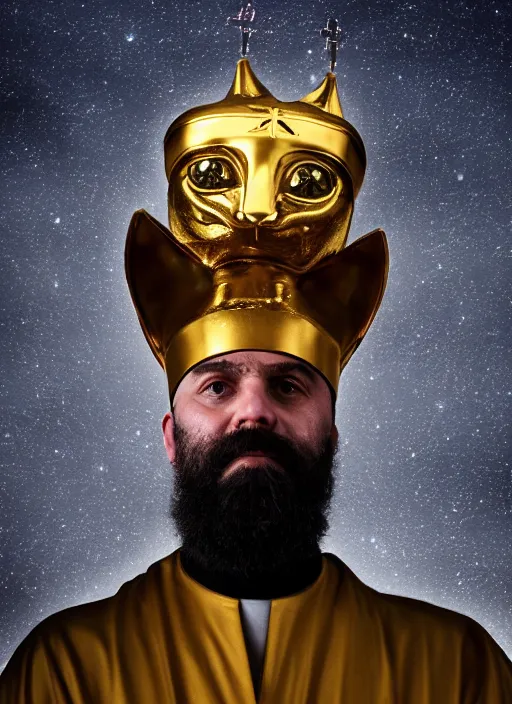 Prompt: orthodox priest in golden clothes with cute caracal head, wearing vr, in orthodox church, orthodox icons, volumetric lighting, night, darkness, atmospheric, ambients, dramatic, noir, blur, bokeh, cinematic, depth of field, 8 0 mm, f 1. 8