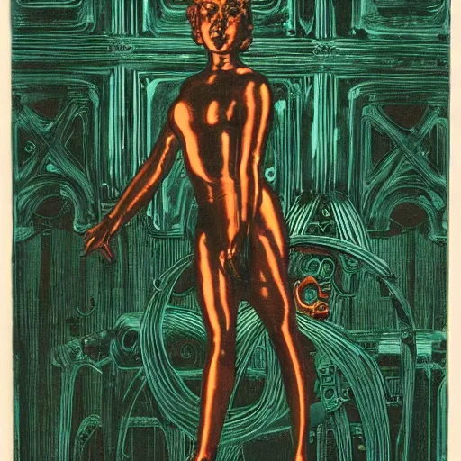 Image similar to a beautiful print. human technology that had become haunted, possessed by quick, gleaming cleverness. copper verdigris by al williamson daring, lush