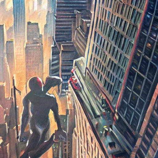 Image similar to oil painting of spiderman swinging through new york city buildings. far away, from behind, epic, sense of motion, motion blur, artstation, artgerm