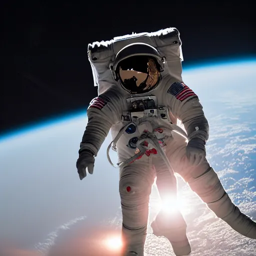 Image similar to photograph of an astronaut in space, singular light source from below, only suit legs and arms illuminated, full body photo, 8 k