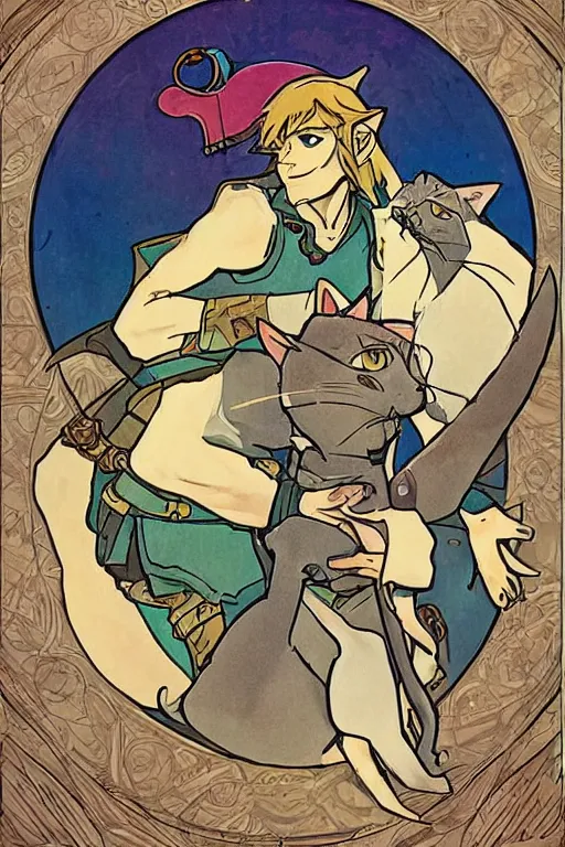 Image similar to link from The Legend of Zelda: Breath of the wild playing with a cat by and mucha,geometric shapes, hard edges ,Visual Communication Design