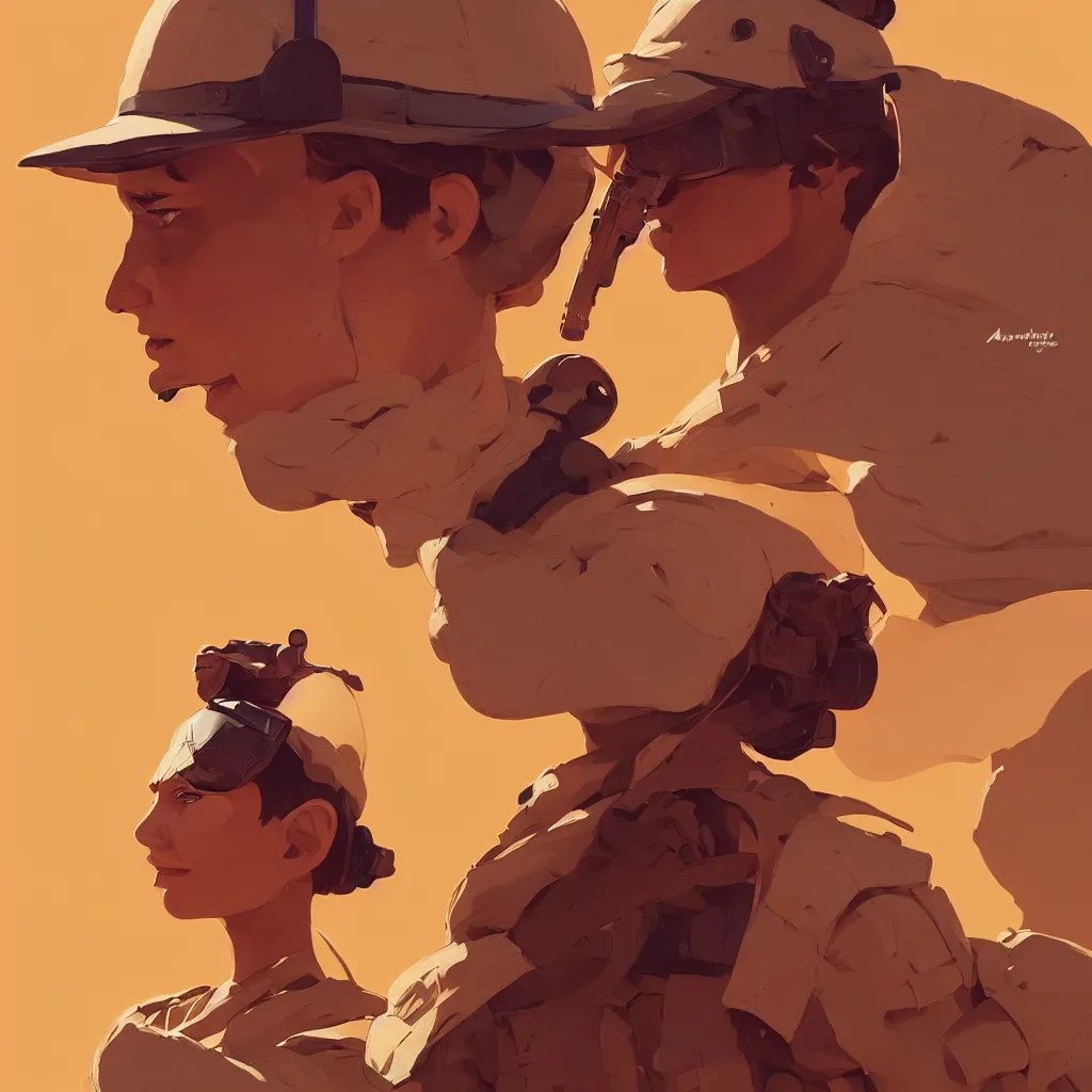 Image similar to desert soldier, smooth face, centered, solid bacgkround, median photoshop filter cutout vector behance, hd by artgerm, jesper ejsing, by rhads, makoto shinkai and lois van baarle, ilya kuvshinov, rossdraws, illustration, art by ilya kuvshinov and gustav klimt