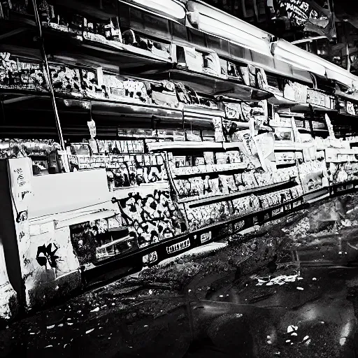 Image similar to a ransacked grocery store, broken signs, filthy flooring. Vines growing. Award-winning photo. OM system 12–40mm PRO II 40mm, 1/100 sec, f/2 8, ISO 800