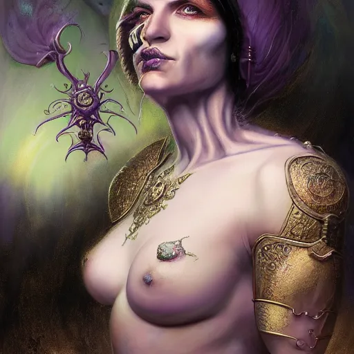 Image similar to closeup portrait shot of brian molko as slaanesh, the prince of pleasure, lord of excess, she who thirsts, desire, highly detailed, digital painting, artstation, concept art, soft focus, depth of field, artgerm, tomasz alen kopera, peter mohrbacher, donato giancola, wlop, boris vallejo