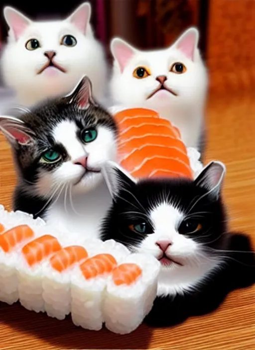 Image similar to clear photorealistic picture of adorable cats made out of sushi