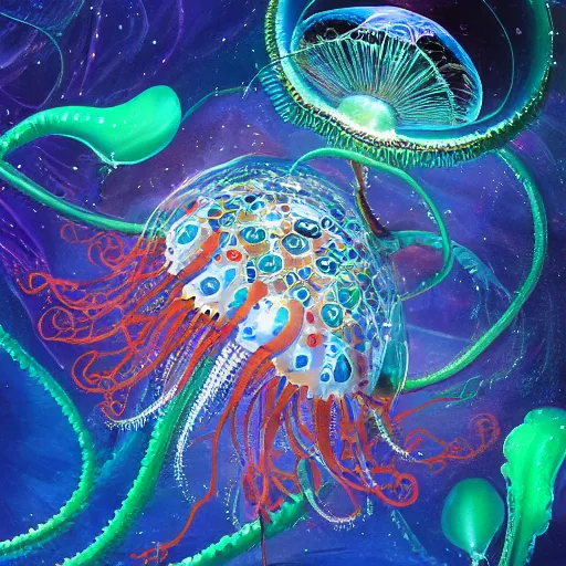 Image similar to jelly fish with long kaleidoscopic tentacles, lost in a cosmic maelstrom detailed painting by Felix Kelly and CGSociety