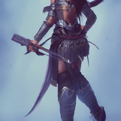 Image similar to beautiful Asian woman with a weapon, full view, character design, warrior outfit, dramatic lighting, by seunghee Lee,detailed, artstation