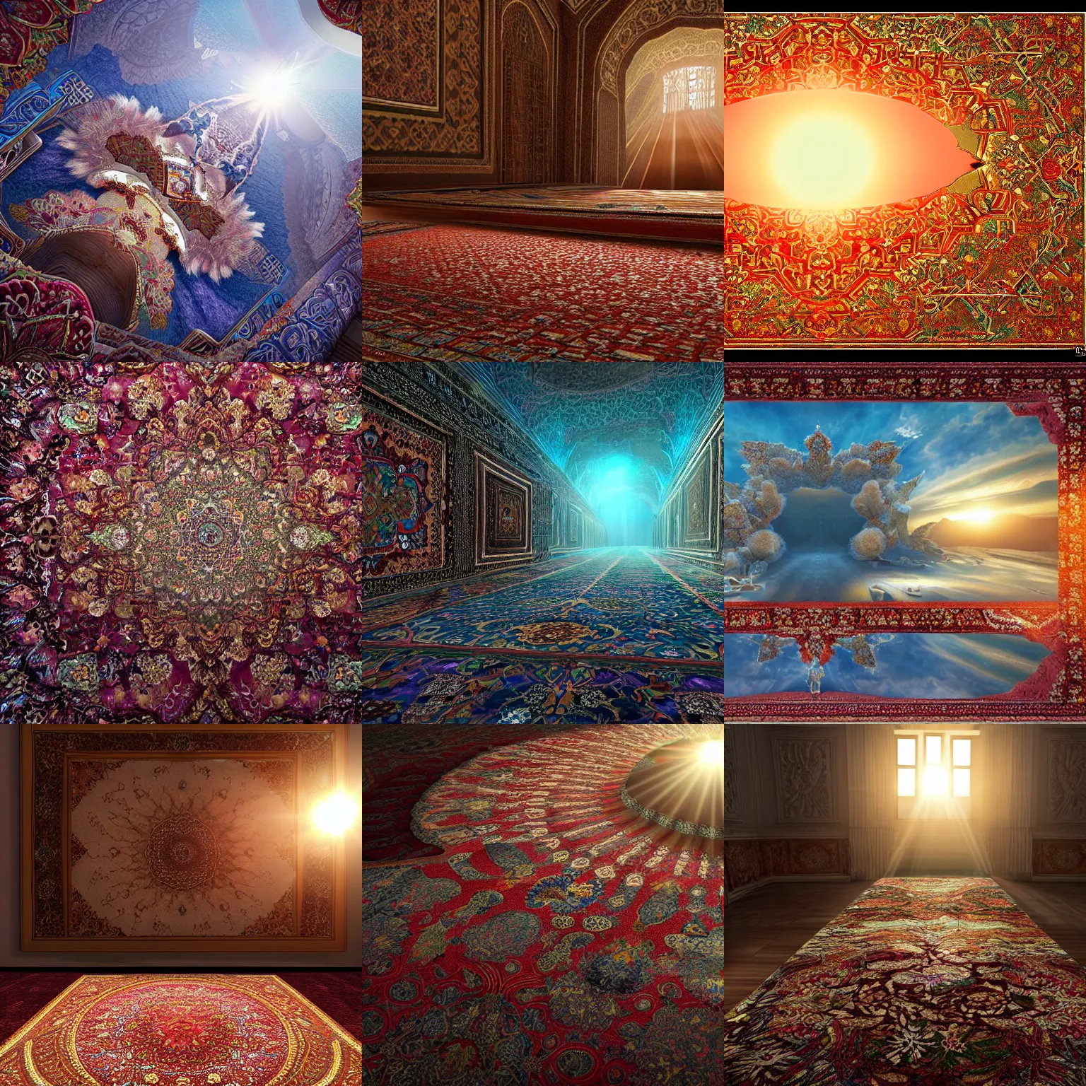 Prompt: sunrise in the Fluffy 3d Persian Carpet dimension, everything is carpet and 3d, photorealistic concept art, immense detail, epic, striking