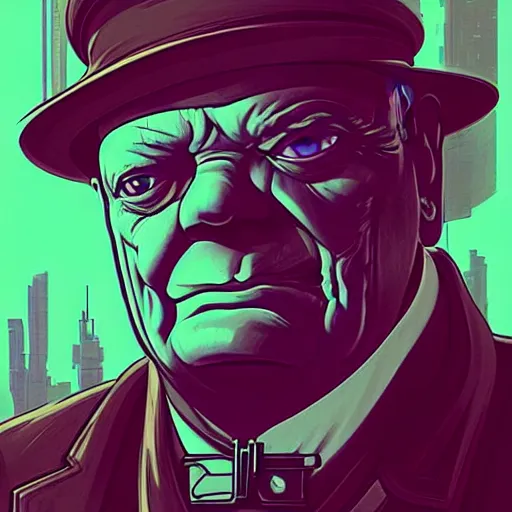 Image similar to futuristic winston churchill. A clever cyberpunk hacker, centered in the frame, cyberpunk concept art by Jean Giraud and josan gonzales, digital art, highly detailed, intricate, sci-fi, sharp focus, Trending on Artstation HQ, deviantart, 4K UHD image