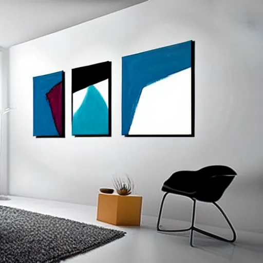 Image similar to : abstract paintings on wall in white art studio with modern architecture