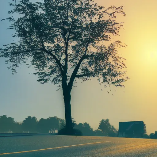 Image similar to sunse, tree silhouettes, ghostly people, small town, nostalgic town, trees over roads