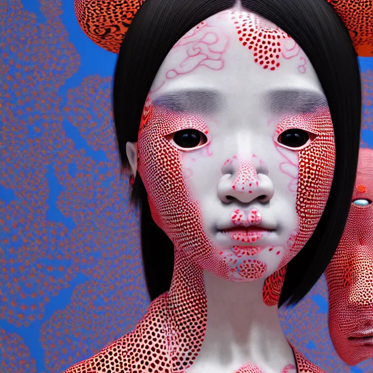 Image similar to hyperrealistic detailed image of a geisha in a art installation room, hd smooth interior by yayoi kusama, part by kei mieno, part by ross tran, dark art by james jean, ultra realistic, highly detailed, life like face, detailed body, 8 k, 3 d render by roger magrini, very cohesive, masterpiece