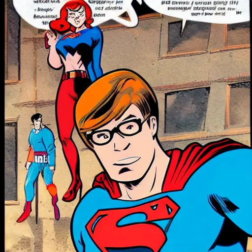 Image similar to Velma from Scooby-doo knocks out Superman, comic book, high action, concept art