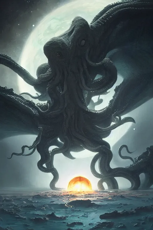 Prompt: cthulhu in space, looking at earth, larger than earth, huge, towering, gigantic, high octane, 8 k, digital art, magic the gathering, mtg, by greg rutkowski, trending on artstation