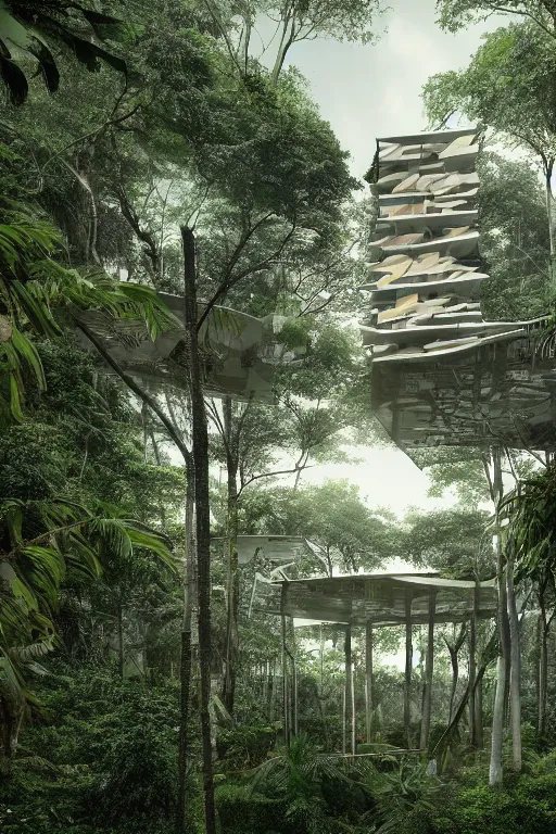 Prompt: architecture inspired by renzo piano deep in the rainforest. nature is taking over. upside down. metabolism. matte painting. octane render. hdr. volumetric lighting. global illumination. atmospheric.