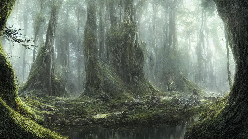 Image similar to peaceful elven forest, thick forest filled with elven warriors, by alan lee, michal karcz, smooth details, lord of the rings, game of thrones, smooth, detailed terrain, oil painting, trending artstation, concept art, fantasy matte painting