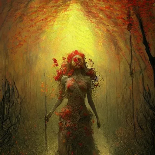 Prompt: a beautiful terrifying monster of flowers, eyes and mouth glowing like burning embers. ethereal horror fantasy art by monet and greg rutkowski