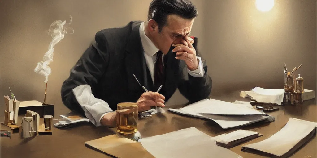 Image similar to beautiful oil matte portrait painting, mafia boss smoking at his 5 0 s new york office desk, wonderful masterpiece highly detailed, beautiful cinematic light deep focus, elegant, digital painting, smooth, sharp focus, golden ratio, dramatic illumination, ultra realistic, 8 k, art by jimmy law