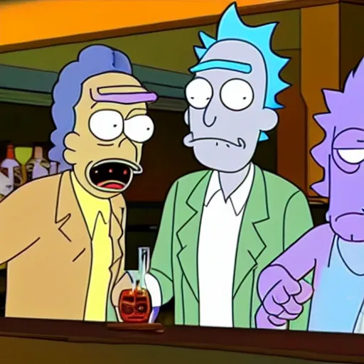 Prompt: Fred Flinstone getting drunk with Rick and Morty at a bar called cheers