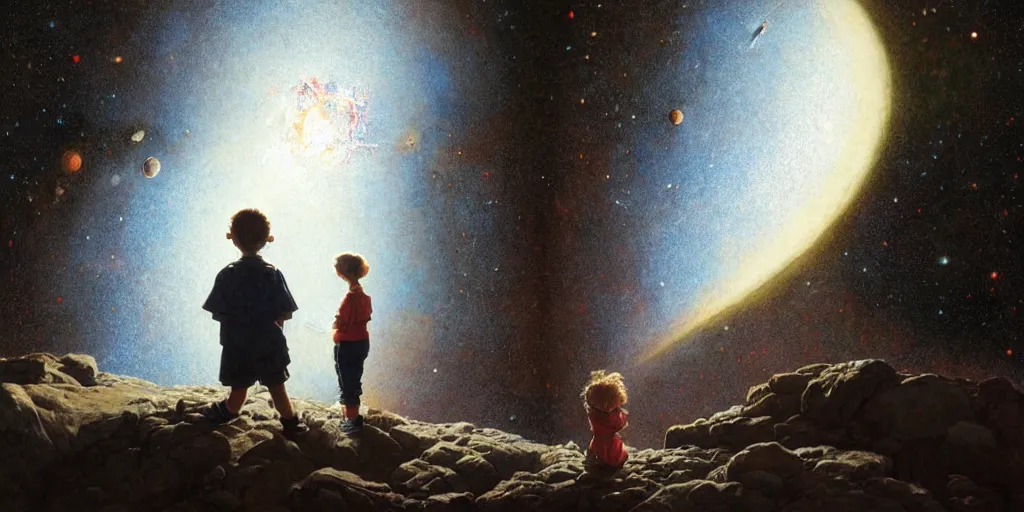 Image similar to a 5 year old boy and 1 2 year old girl looking at a wall and viewing the universe full of galaxies, imagination, part by norman rockwell, part by greg rutkowski, part by mattias adolfsson, high angle, ( ( ( ( volumetric lighting ) ) ) ), oil on canvas